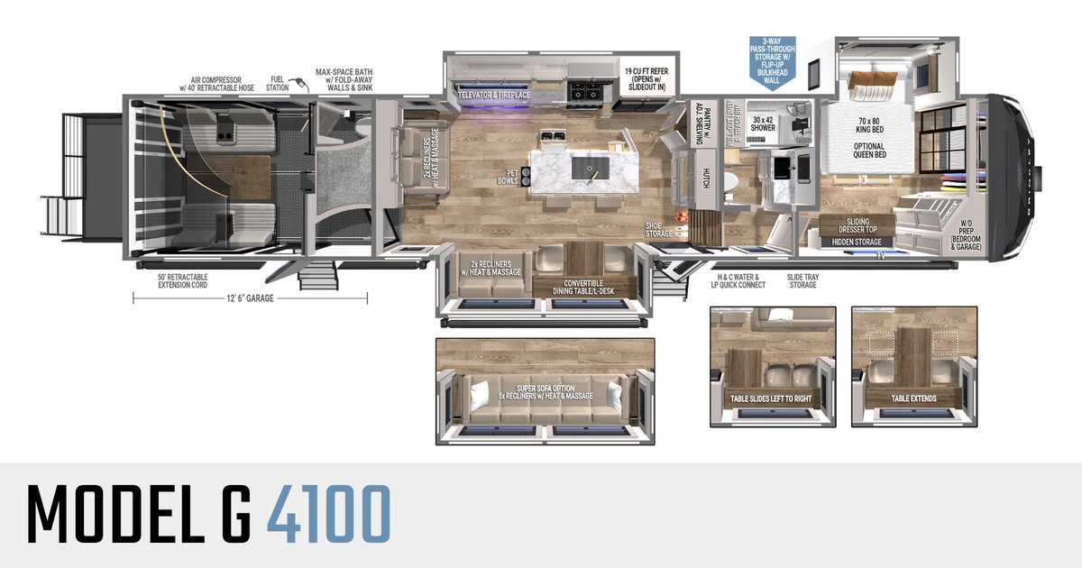 BrinkleyRv's tweet photo. We're taking the most livable toy hauler lineup on the market and spicing things up a bit with the all-new Model G 4100, our most residential style Model G floorplan yet.
Check-out the full floorplan flyer here: https://t.co/luMTMu4mNn
#BrinkleyRV #ModelG https://t.co/OYopSdNYan