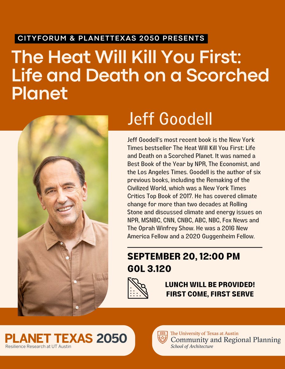 Texas Architecture (@utsoa) on Twitter photo Next Friday, <a href="/jeffgoodell/">Jeff Goodell</a> joins our City Forum lecture series for "The Heat Will Kill You First: Life and Death on a Scorched Planet," a lecture exploring topics covered in his <a href="/nytimes/">The New York Times</a> best-selling book. <a href="/Planet_TX/">Planet Texas 2050</a>
soa.utexas.edu/events/city-fo… Next Friday, <a href="/jeffgoodell/">Jeff Goodell</a> joins our City Forum lecture series for "The Heat Will Kill You First: Life and Death on a Scorched Planet," a lecture exploring topics covered in his <a href="/nytimes/">The New York Times</a> best-selling book. <a href="/Planet_TX/">Planet Texas 2050</a>
soa.utexas.edu/events/city-fo…