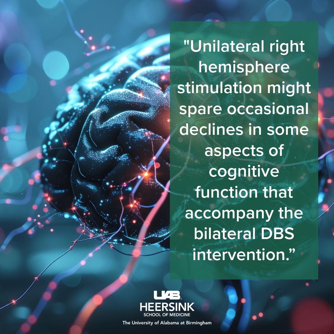 In a recent study, UAB researchers found that unilateral deep brain stimulation (DBS) may spare cognitive declines related to verbal fluency in Parkinson's disease patients. 
📰 buff.ly/3AXcq6X 
<a href="/UABHeersink/">UAB Heersink School of Medicine</a>
<a href="/NeurosurgeryUab/">UAB Neurosurgery</a>
<a href="/uabsoph/">UAB School of Public Health</a>