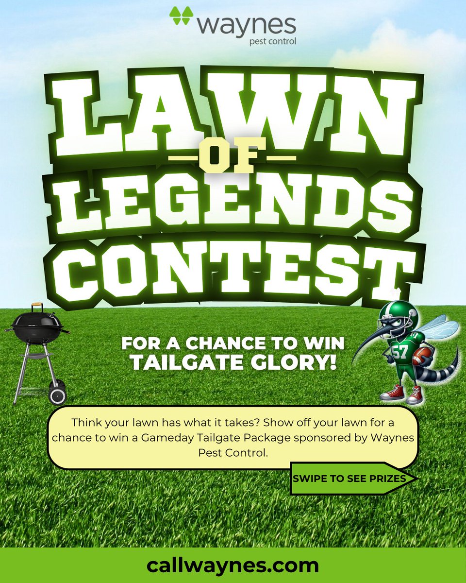 callwaynes's tweet photo. 🌟Lawn of Legends Contest!🌟
Think your lawn is the best in your neighborhood? Enter now for a chance to win our Tailgate Glory Package!🏈🍔🎉

Visit https://t.co/qxAo87xasB for more details!

#Tailgate #LawnOfLegends #LawnCare #WaynesPestControl https://t.co/Qp0gE1uz0R