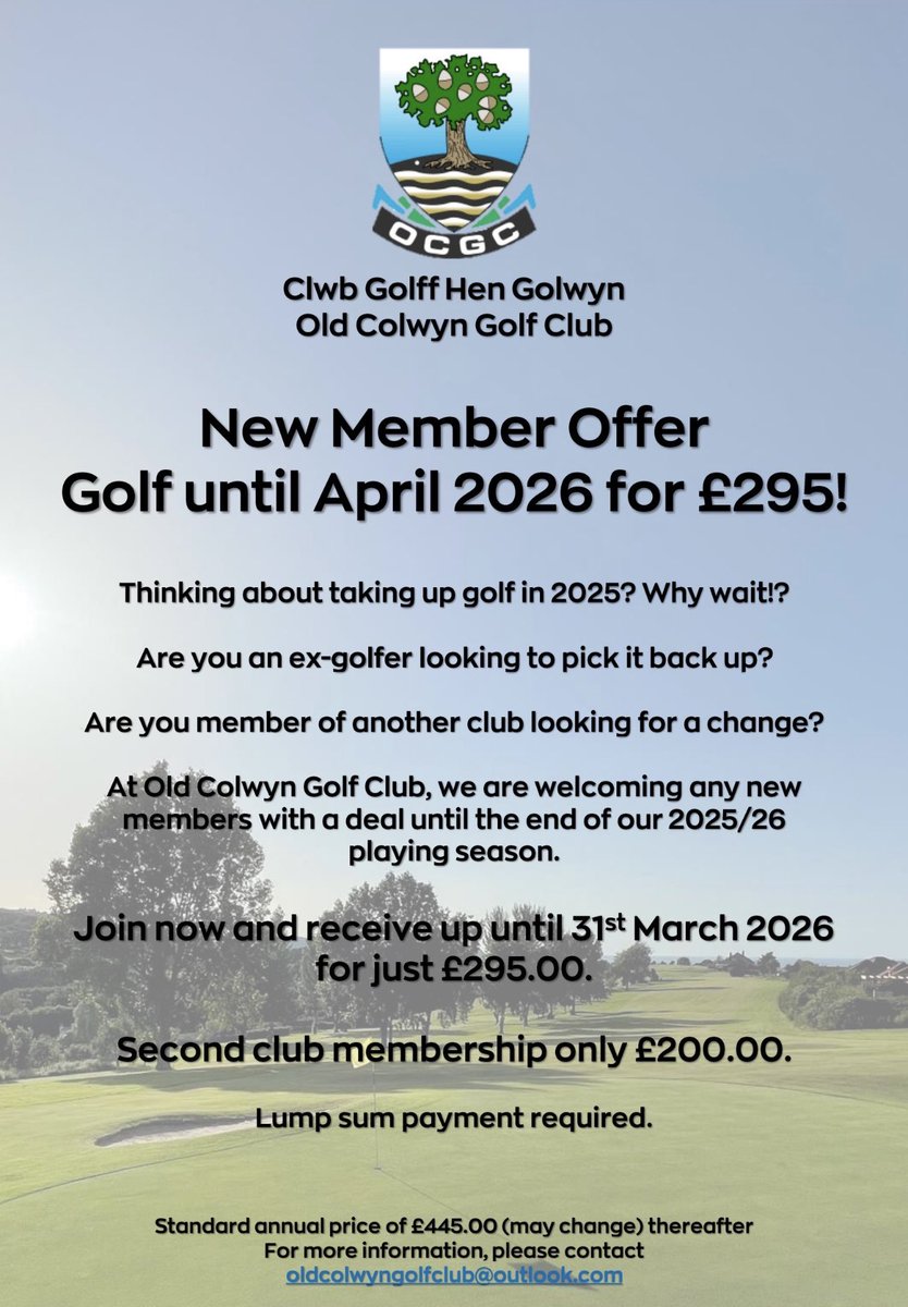 We’ve replaced our existing offer with an EVEN BETTER DEAL! ⛳️🏌🏻‍♂️

Join us as a new member (or as a second club) and play golf for less than £1.00 per day!

Drop us a DM or send an email to our Club Secretary - don’t miss out!