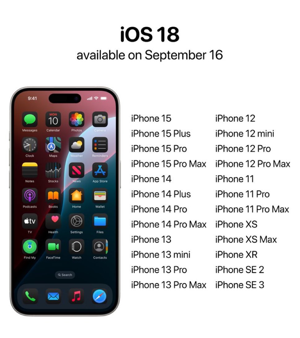 🚨iOS 18 will be available in a week’s time and will feature on these models.

Is your device on the legible list?📲

#ajtechstore #AppleEvent2024