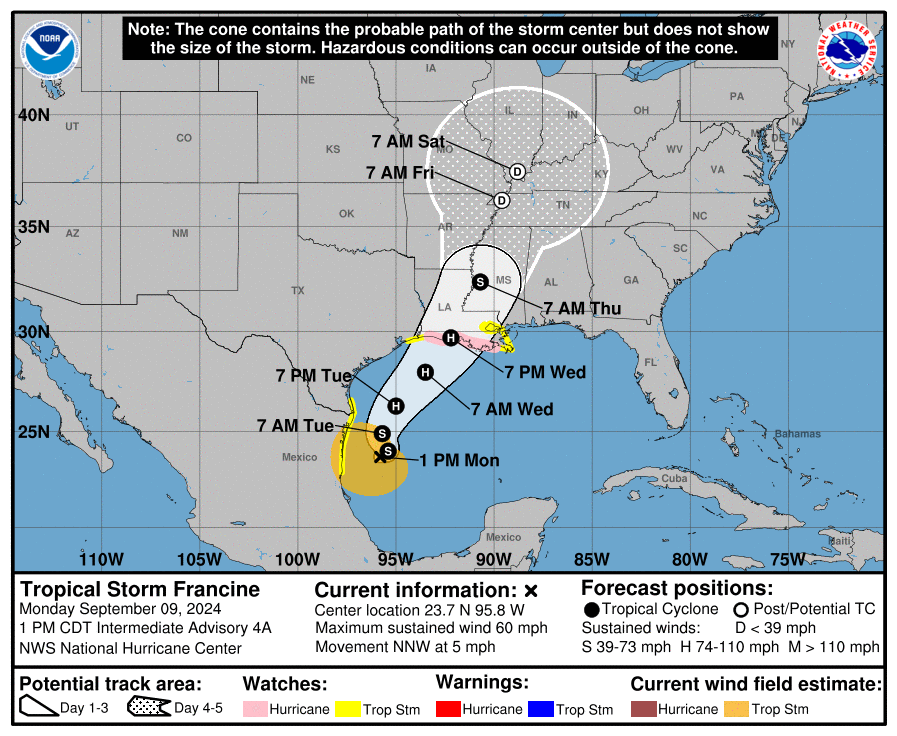 Exactly four weeks since the naming of the last Atlantic tropical storm, #Francine has formed in the Gulf of Mexico and is forecast to become a hurricane before landfall over Louisiana in the southern USA.