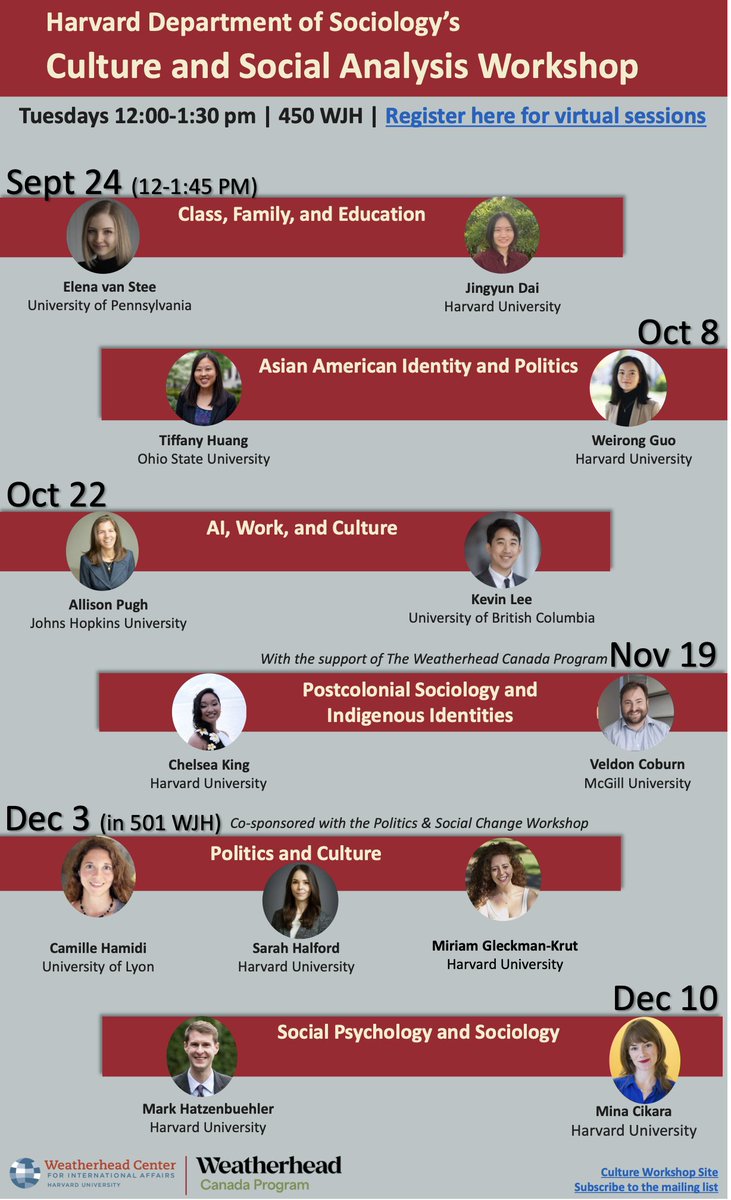 Very excited to be presenting in the <a href="/HarvardCulture/">Harvard Culture and Social Analysis Workshop</a> (<a href="/HarvardSoc/">Harvard Sociology</a>) workshop this year on Oct 22, alongside <a href="/allison_pugh/">Allison Pugh</a> (whose work I've long admired!) - hope to see you there!