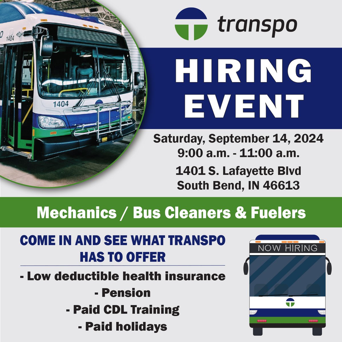 Transpo is hosting a hiring event on Saturday, September 14 from 9am to 11am for Mechanics, Bus Cleaners &amp; Fuelers. The event will take place at Transpo’s Administrative Office located at 1401 S. Lafayette Blvd in South Bend.  Find more info here- sbtranspo.com/2024/09/transp…