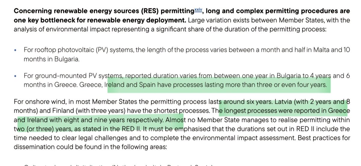 Reading through today's Draghi report on the future of Europe's economy. A piece which won't surprise, but should concern an Irish audience, on permitting for renewables Ireland called out for having amongst the longest timelines for both solar and wind.