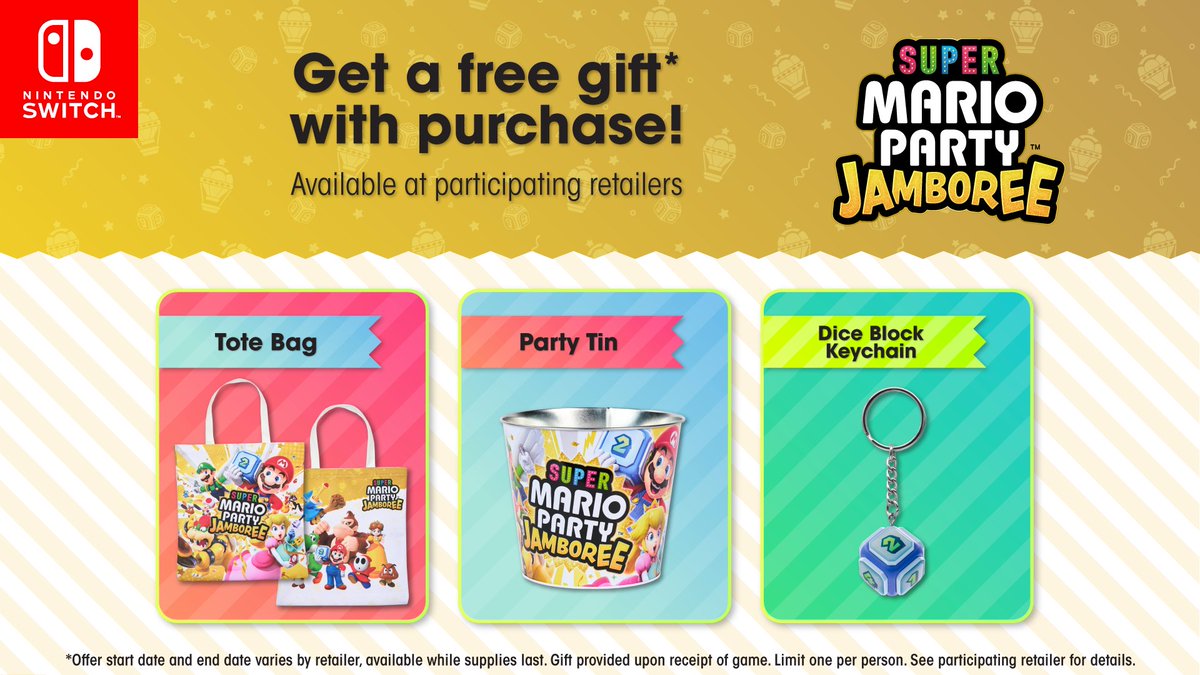 NintendoAmerica's tweet photo. Heads up, party people! You can get a free gift when you pre-order or buy the #SuperMarioPartyJamboree game from participating retailers.

Learn more: https://t.co/qN425oouHx https://t.co/7n9btPr1TO