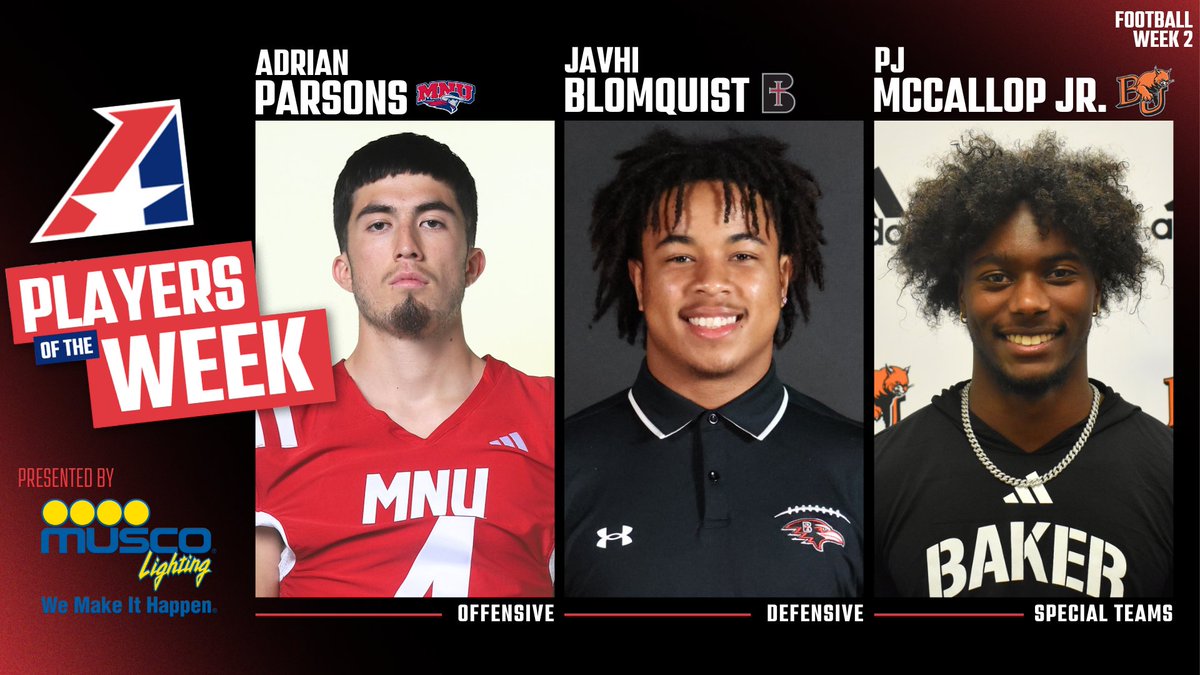 Heart of America Athletic Conference (@heartsportsnews) on Twitter photo 🏈, Heart Football Players of the Week, presented by Musco for Week Two Announced‼️
Offensive Player of the Week - Adrian Parsons - <a href="/mnusports/">MNU Sports</a>
Defensive Player of the Week - Javhi Blomquist, <a href="/ravenathletics/">Raven Athletics</a>
Special Teams Player of the Week - PJ McCallop Jr. - <a href="/BakerAthletics/">Baker Athletics</a> 🏈, Heart Football Players of the Week, presented by Musco for Week Two Announced‼️
Offensive Player of the Week - Adrian Parsons - <a href="/mnusports/">MNU Sports</a>
Defensive Player of the Week - Javhi Blomquist, <a href="/ravenathletics/">Raven Athletics</a>
Special Teams Player of the Week - PJ McCallop Jr. - <a href="/BakerAthletics/">Baker Athletics</a>