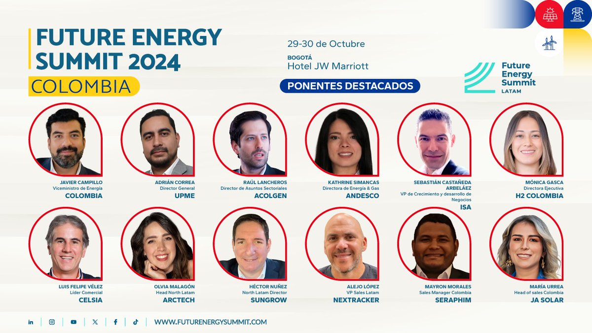 Conoce algunos de los speakers destacados de #FESColombia 💬

¿Te subes a la ola renovable? 

📌 29 y 30 de octubre 
📍Hotel JW Marriott Bogotá, Colombia  
🔗 Adquiere tus entradas: live.eventtia.com/es/fes-colombia