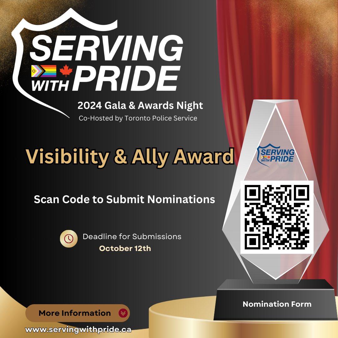 The best part of our annual Gala &amp; Awards Night is recognizing the amazing recipients of the Visibility and Ally awards. The deadline to submit nominations is October 12th. Scan the code or visit our website to learn more. servingwithpride.ca/awards