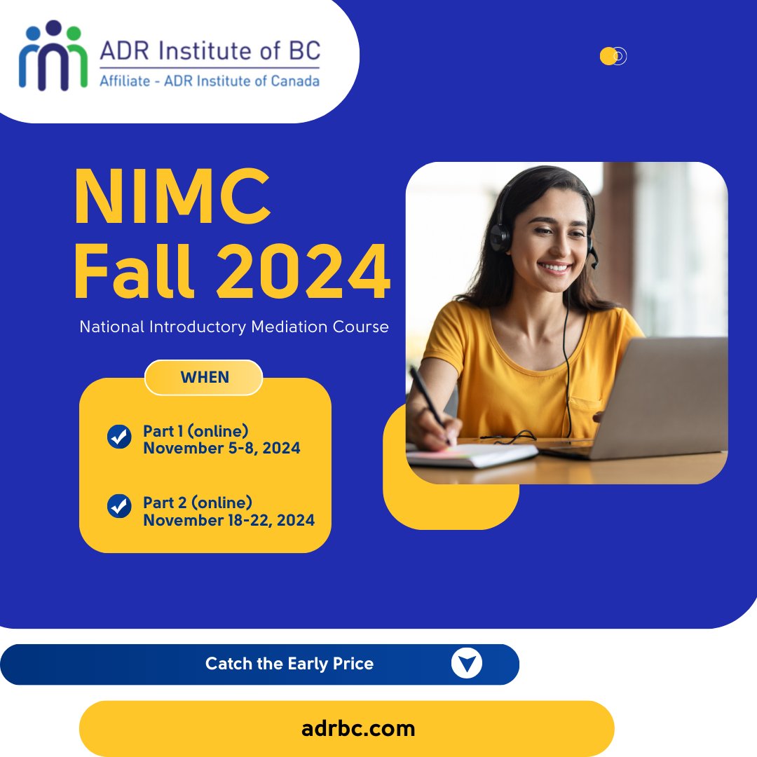 ADR_BC's tweet image. 🔥 Registration for the National Introductory Mediation Course Fall 2024 is NOW OPEN!
 Availability: Only 12 seats.
Part 1 (Online): November 5-8, 9:30 AM – 2:30 PM
Part 2 (Online): November 18-22, 9:30 AM – 2:30 PM
▶️ Details: adrbc.com/mediation-trai…
#adrbc #adric #madiatorbc
