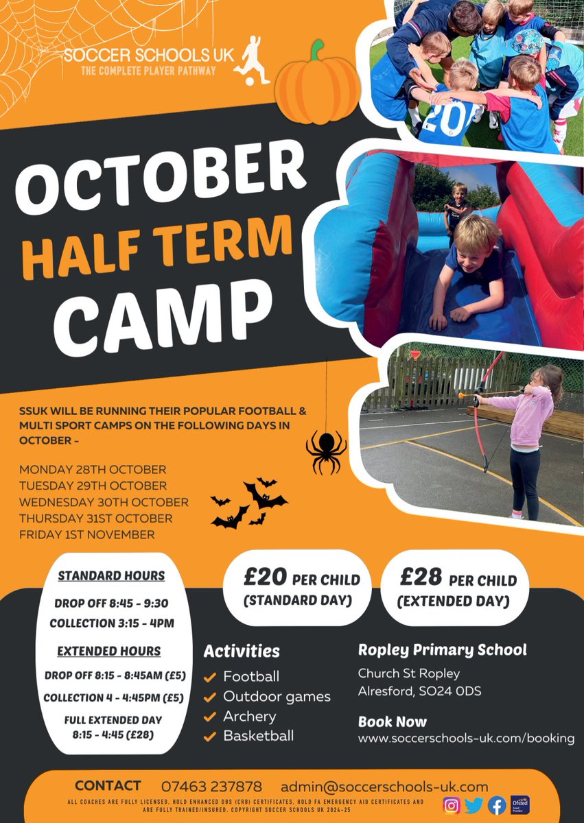 👻 🎃 We are pleased to announce that bookings for our October Half Term Camps, are now open! 🎃👻 
 
To book 👇 

📧 admin@soccerschools-uk.com
💻 soccerschools-uk.com/booking 
📞 07463 237878