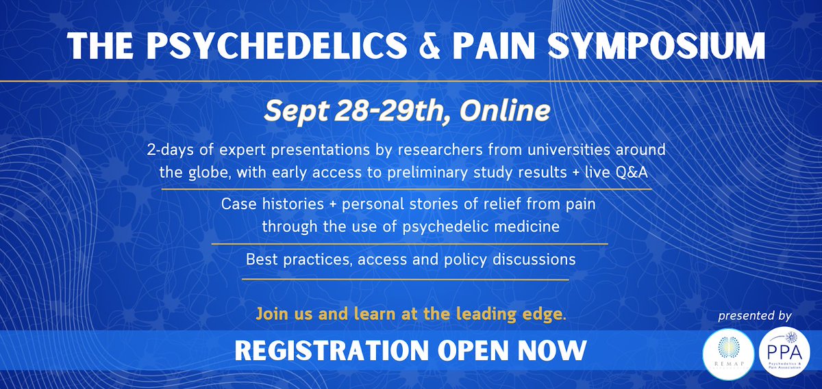 REMAPTherapy's tweet image. Hosted by REMAP | Psychedelics &amp;amp; Pain Association, the Symposium elevates the body of knowledge in psychedelics for pain, neurodegeneration, and physical conditions. Day 1 is FREE to all, Day 2 is for advanced learning and is offered on a sliding scale. symposium2025.planningpod.com