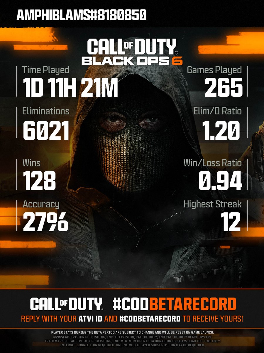 CallofDuty's tweet photo. @Amphibi621 @Amphibi621 Tag the squad and share your #CODBetaRecord to see how you stack up! 

Submit a new request after you've played to get an updated report with your progress added! https://t.co/x8PIBAdCsn