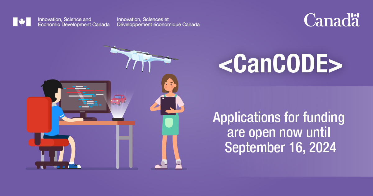 ISED_CA's tweet image. Only a week left to apply for funding under #CanCode 4.0! ⏰

We’re accepting project proposals from non-profit organizations  that help teachers and students (K-12) gain digital, AI and coding skills.

Apply by September 16: ised-isde.canada.ca/site/cancode/e…