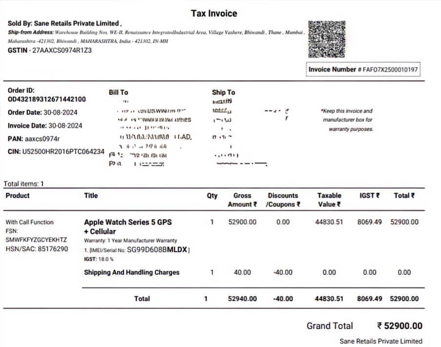 Dr Abhishek Ranjan (@idrabhiranjan) on Twitter photo <a href="/flipkartsupport/">FlipkartSupport</a> <a href="/Flipkart/">Flipkart</a> is selling fake <a href="/Apple/">Apple</a> products, I bought iwatch 5 GPS with cellular on 30/08/2024 from Flipkart but the watch never switched on, more so when I entered serial number given on invoice on <a href="/AppleSupport/">Apple Support</a> it says invalid IMEI.
Seller: Sane Retails Pvt Ltd. <a href="/flipkartsupport/">FlipkartSupport</a> <a href="/Flipkart/">Flipkart</a> is selling fake <a href="/Apple/">Apple</a> products, I bought iwatch 5 GPS with cellular on 30/08/2024 from Flipkart but the watch never switched on, more so when I entered serial number given on invoice on <a href="/AppleSupport/">Apple Support</a> it says invalid IMEI.
Seller: Sane Retails Pvt Ltd.