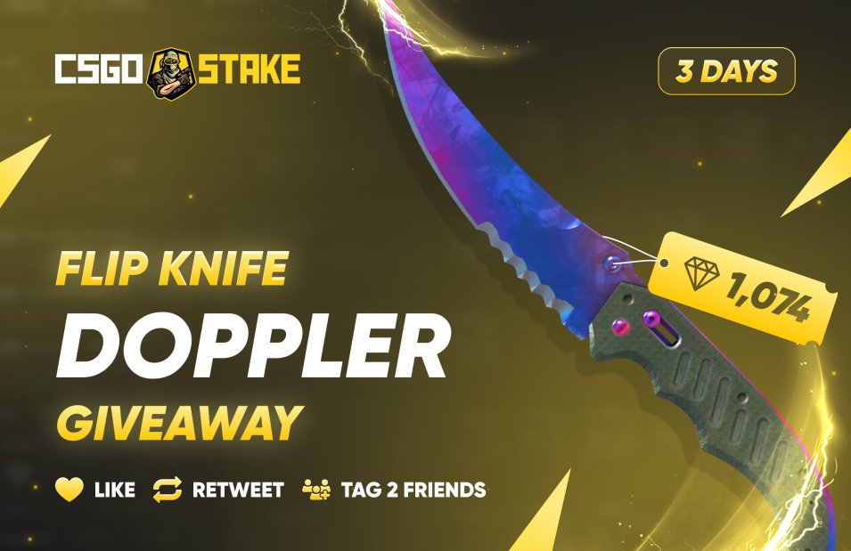 CSGOStakecom's tweet image. Flip Knife Doppler Giveaway ⚡️ (1,074 GEMS💎 ) 

Steps to join: 
1. Follow @csgostakecom
2. Retweet
3. Tag 2 Friends

The winner will be announced in 3 days 🫡

Visit us at csgostake.com
