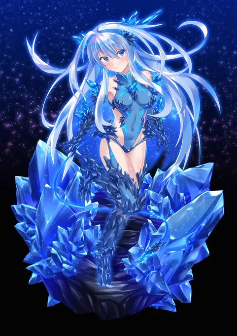ちなみに去年の冬コミ表紙だった青いクリアスちゃんは"星"属性で、真の覚醒形態に近い感じ 青い結晶色だけど水属性とはまたちょっと違うんですね(覚醒形態は海と空の青色のイメージ) それと水属性クリアスちゃんには悪堕ち形態もあるぞ