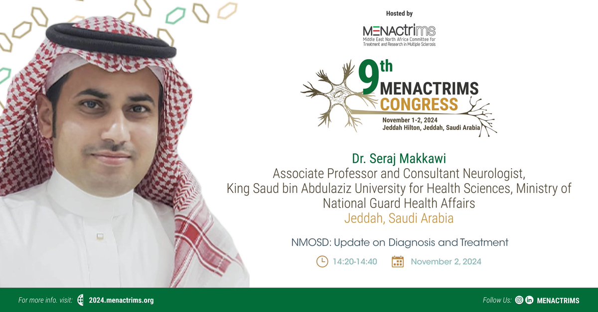 Dr_Makkawi's tweet image. I am speaking at the 9th Menactrims Congress which will take place on November 1-2, 2024 at the Jeddah Hilton, Jeddah, Saudi Arabia with the pre-congress activities on October 31, 2024. Register today by visiting

2024.menactrims.org/registration/

#MSC2024 #MS #MultipleSclerosis #Jeddah