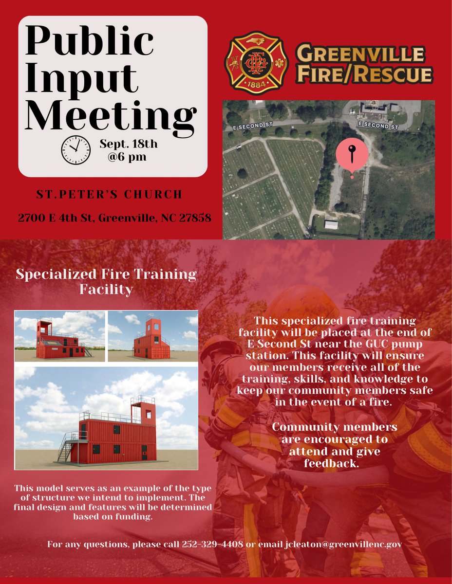 A public input meeting for our Specialized Fire Training Facility will be held at St. Peter’s Church on September 18th, 6pm. Community members are encouraged to attend and give feedback!