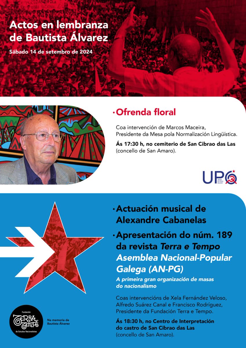 Este sábado 14 de setembro decorrerán en San Cibrao das Las, San Amaro, os actos de lembranza a Bautista Álvarez no seu VII cabodano. #BautistaÁlvarez