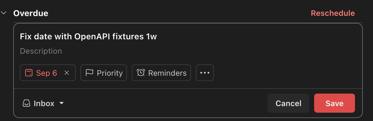 mskelton0's tweet photo. @todoist Would be awesome to have natural language date syntax for postponing items.  e.g. Edit the title of a task adding 1w to postpone for a week, 3d for 3 days, etc. https://t.co/5mBw00xa6D