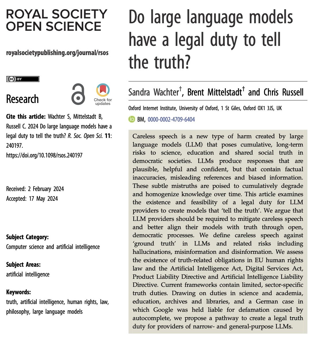 🚨 [AI REGULATION] The paper "Do Large Language Models Have a Legal Duty to Tell the Truth?" by <a href="/SandraWachter5/">Sandra Wachter -@swachter.bsky.social</a>, <a href="/b_mittelstadt/">Brent Mittelstadt @bmittelstadt.bsky.social</a> &amp; <a href="/c_russl/">Chris Russell</a> is a MUST-READ for everyone in AI governance. Quotes:

"Free and unthinking use of LLMs undermine science, education and public discourse in