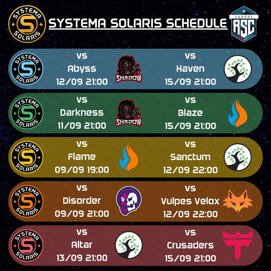 Systema Solaris (@systema_sol) on Twitter photo Bring on Week 4 of <a href="/RSC_EU/">RSC EU</a>!🌟
A lot of fiery shadows in the Sanctuary this time around as we meet <a href="/thebraveesports/">BRAVE Esports</a> <a href="/ShadowEsports11/">Shadow Esports</a> or <a href="/SanctuaryHF/">Sanctuary</a> in 7 of 10 Matches this week👀 Bring on Week 4 of <a href="/RSC_EU/">RSC EU</a>!🌟
A lot of fiery shadows in the Sanctuary this time around as we meet <a href="/thebraveesports/">BRAVE Esports</a> <a href="/ShadowEsports11/">Shadow Esports</a> or <a href="/SanctuaryHF/">Sanctuary</a> in 7 of 10 Matches this week👀
