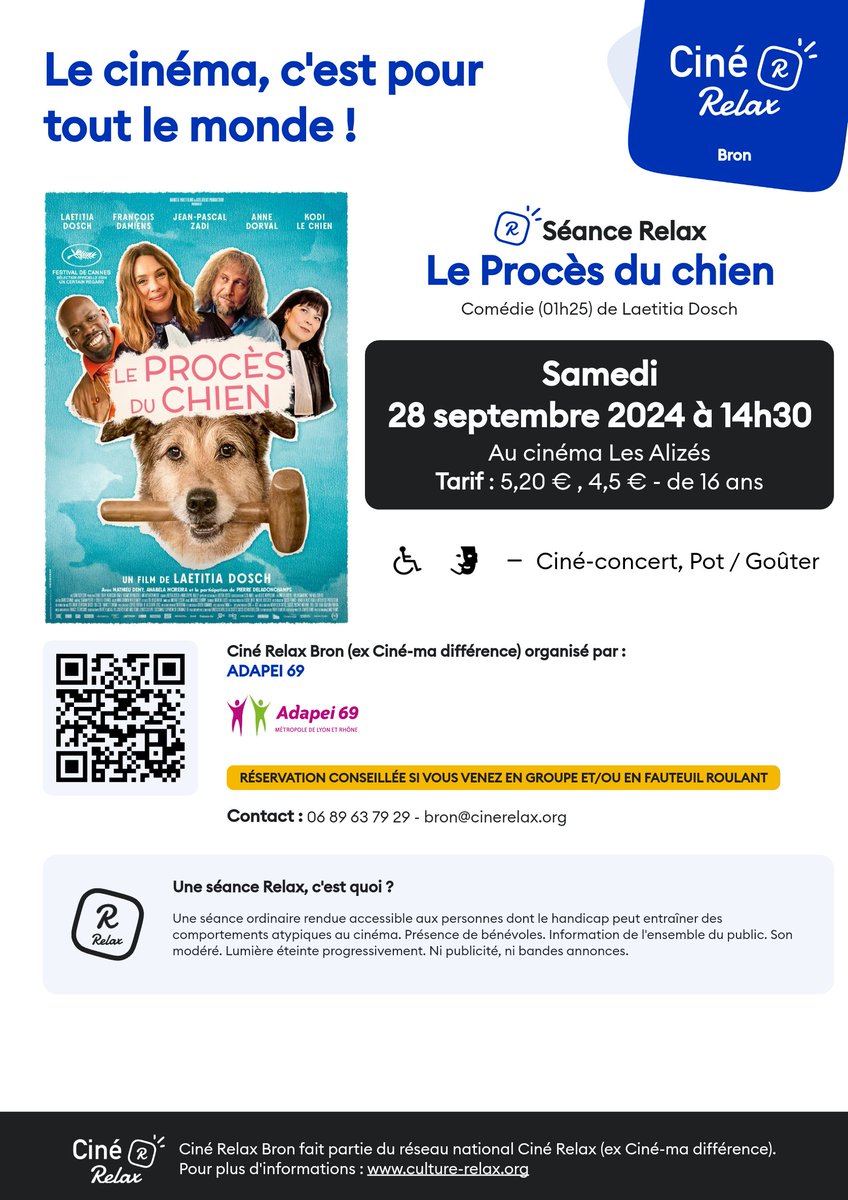 Le Cinéma Les Alizés et Ciné Relax Bron sont heureux de vous proposer une séance pour le public en situation de handicap et le public non handicapé. Le samedi 28 septembre 2024 à 14h30 à Bron (69). Tarif : 5,20 € adulte, 4,50 € pour  -16 ans sur présentation d'un justificatif.