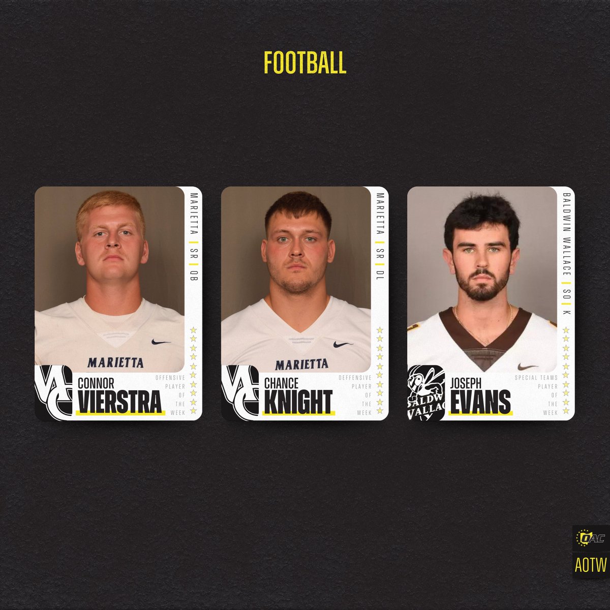 Athletes of the Week | Football 🏈

Offensive: Connor Vierstra, <a href="/MariettaPioneer/">Marietta College Athletics</a>
Defensive: Chance Knight, <a href="/MariettaPioneer/">Marietta College Athletics</a>
Special Teams: Joseph Evans, <a href="/bwathletics/">Baldwin Wallace Athletics</a>

#OAC #OACfb