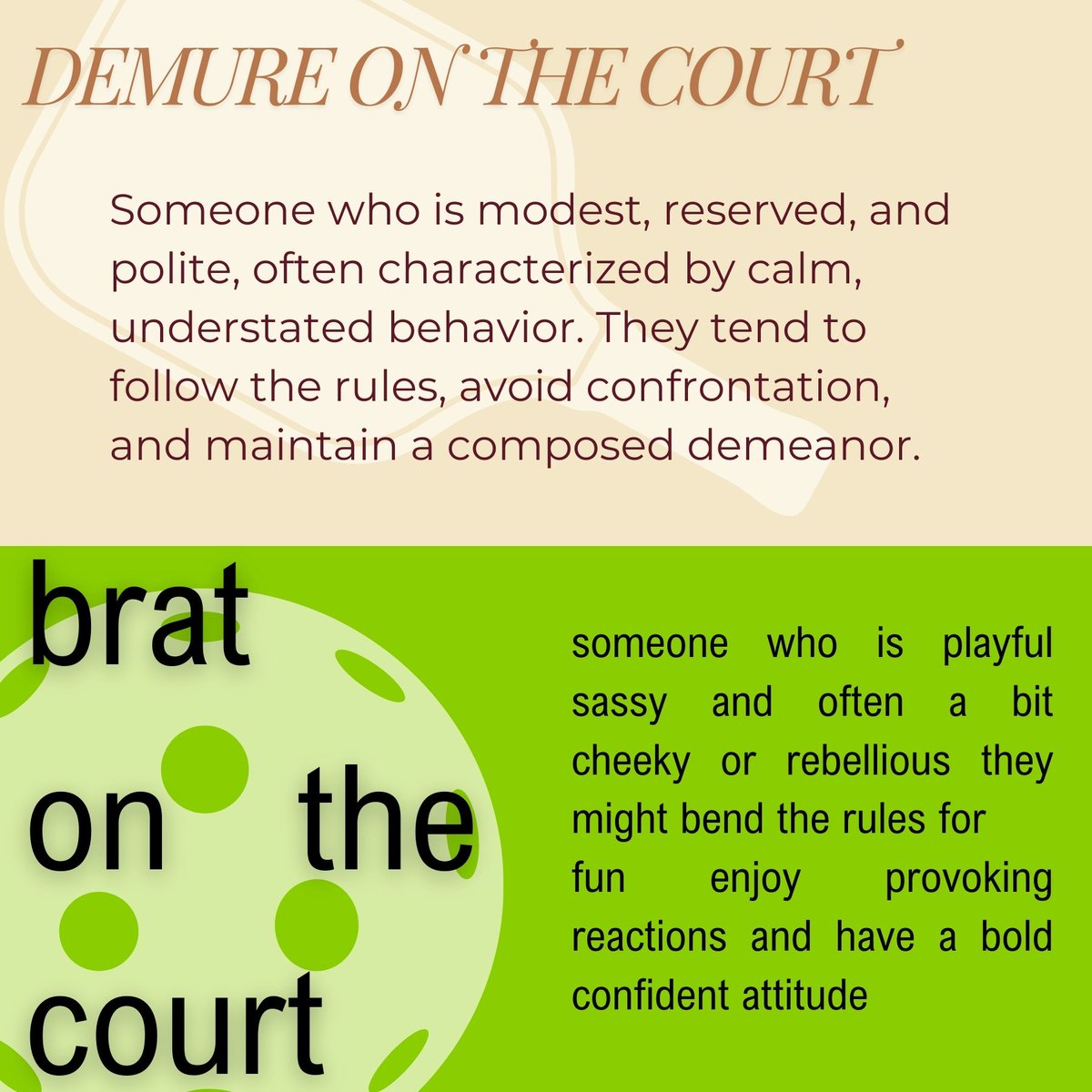 NilBeyond's tweet photo. Pickleball #Brat: βThat line call was WRONG!β π€ vs. Pickleball #Demure: βOh, what a lovely rally.β π Which player do you relate to?
#PickleForPay #Pickleball #BratVsDemure https://t.co/cThqlgIv3Y