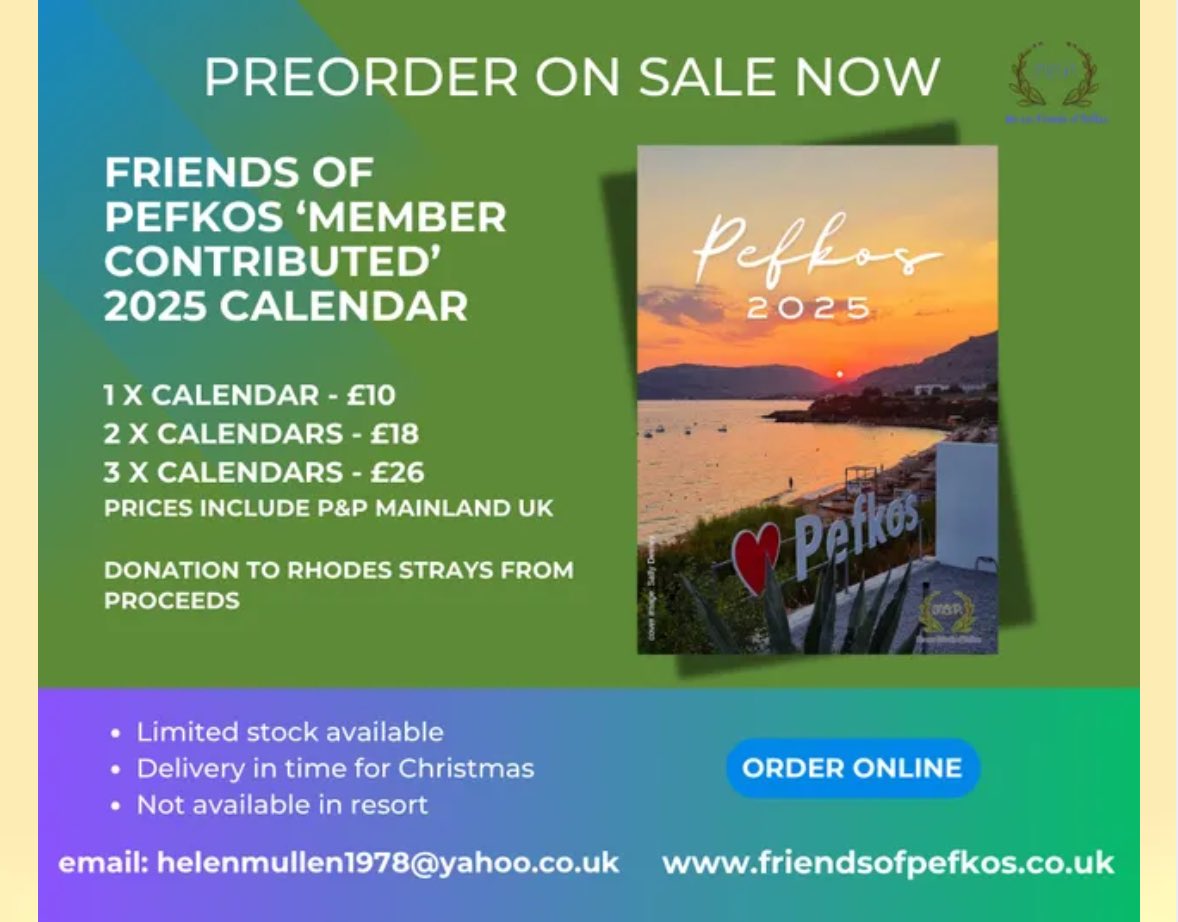 Friendsofpefkos's tweet image. Our Friends Of Pefkos 2025 calendar is now available to pre order head over to our website friendsofpefkos.co.uk/calendar-2025 #FOP #Pefkos #Friendsofpefkos