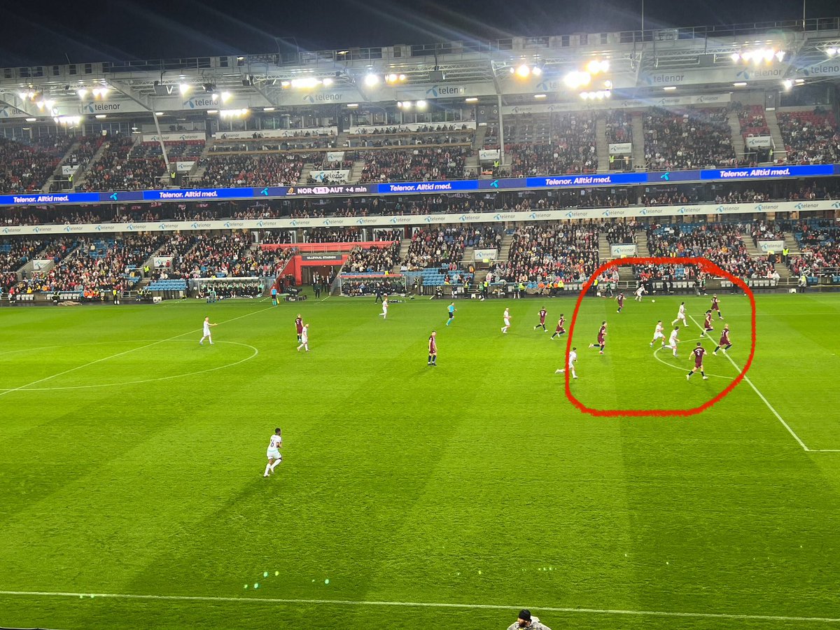 Dilemma som #Solbakken står i er ganske vrient. #Østerrike truer alle rom mellom spillere i backleddet til Norge. Ved å spille 451 så dekker de banebredden bedre, og backleddet står litt tryggere. Men, da mister Norge trykket i presset, blir baktunge, og dermed mister initiativet
