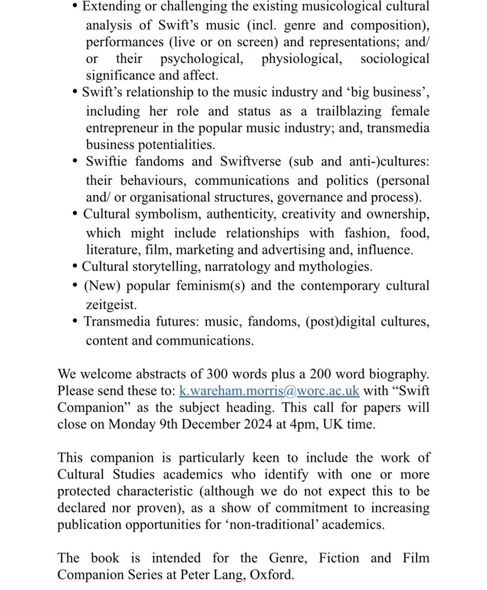 katy_wm's tweet photo. #CfP #SwiftStudies plz check this out. Working on a companion about the cultural phenomenon that is #TaylorSwift. Incl. #musicology #IdentityPolitics #Fandoms #Convergence #Transmedia #Feminism #CulturalStudies Abstracts to be sent to me by early Dec. Plz share #AcademicTwitter๐ https://t.co/TJumRrjW68