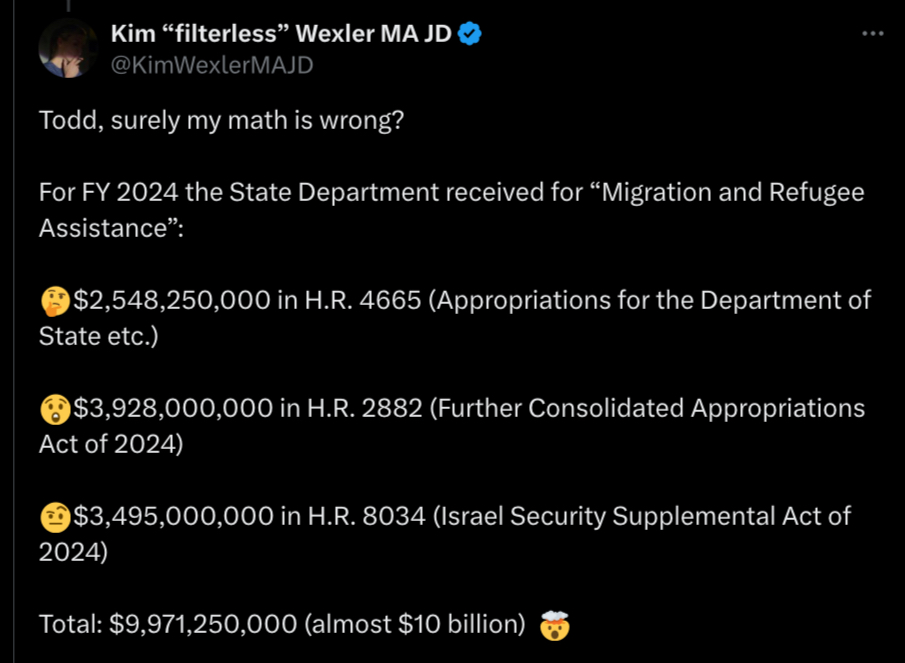 KimWexlerMAJD's tweet photo. @merissahansen17 How much did Catholic Charities receive from the U.S. State Department? Their outlay for “Migration and Refugee Assistance” ballooned massively in FY24. https://t.co/oUrXp5w0re