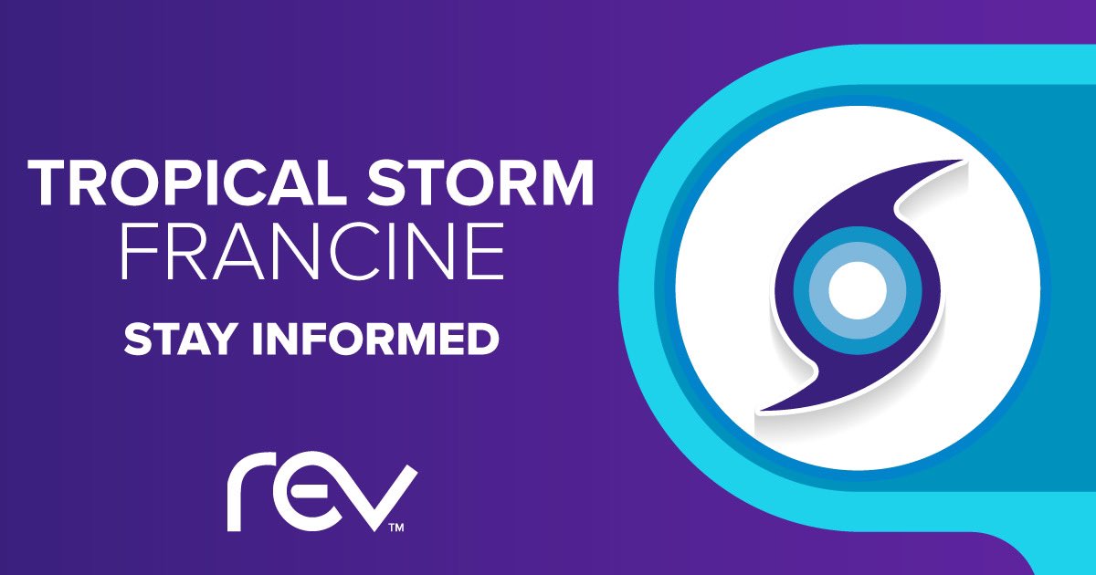 Letsrevnow's tweet image. Tropical Storm Francine (a potential hurricane) is anticipated to make landfall in Louisiana this week. In response, REV has initiated its Emergency Operations Plan to deliver uninterrupted services to customers in the storm's path. Visit letsrev.com/stormcenter for REV updates.