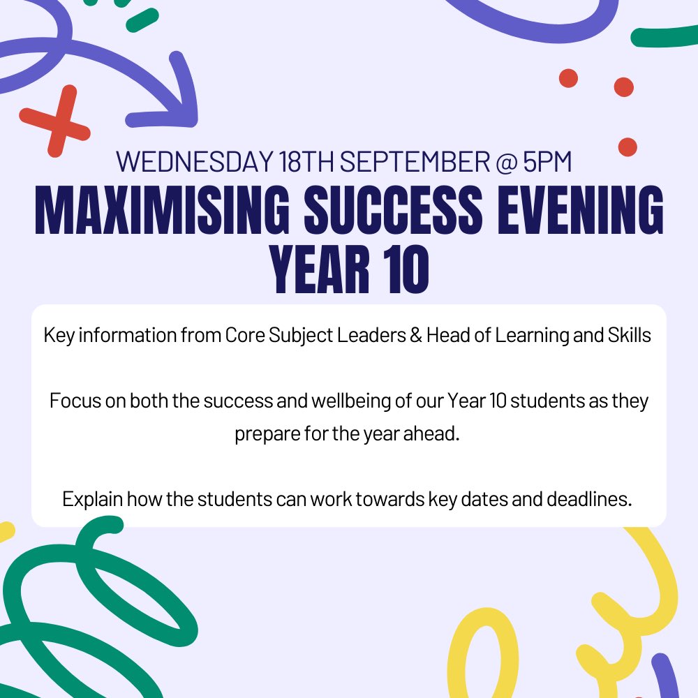 TCSTreorchy11's tweet photo. 📣Year 10 Parents and Carers📣

Wednesday 18th September at 5pm will be our Maximising Success Evening. 

Gather information on the key milestones for your child this year. 

Students have been given a letter today - please return to confirm attendance⭐️ https://t.co/dKXonYQ3HS