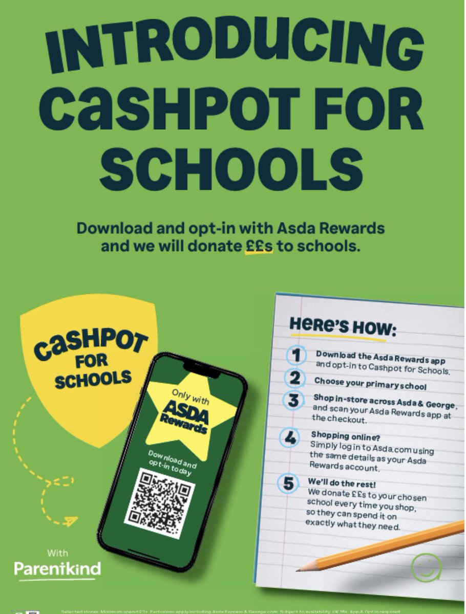 We are now signed up with Cashpot for schools follow the instructions and raise money for school while shopping at Asda! 
Sign up today!