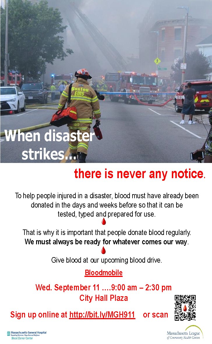 As September is National Preparedness Month, the Mass League will be hosting the Mass General bloodmobile on Boston's City Hall Plaza on Wed. Sept. 11th from 9am-2:30pm. Please sign up to donate blood on this important day of remembrance: blooddonor.massgeneral.org/donor/schedule…