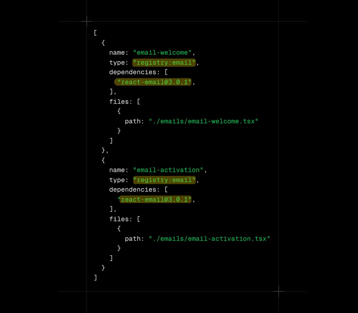 shadcn's tweet image. A key advantage of @resend's react-email is that emails are just components, which means we can add them just like any other.

Imagine running a single command to set up a full dashboard, auth &amp;amp; emails:

npx shadcn init dash-01 auth-02 email-welcome...

This is where we're going.