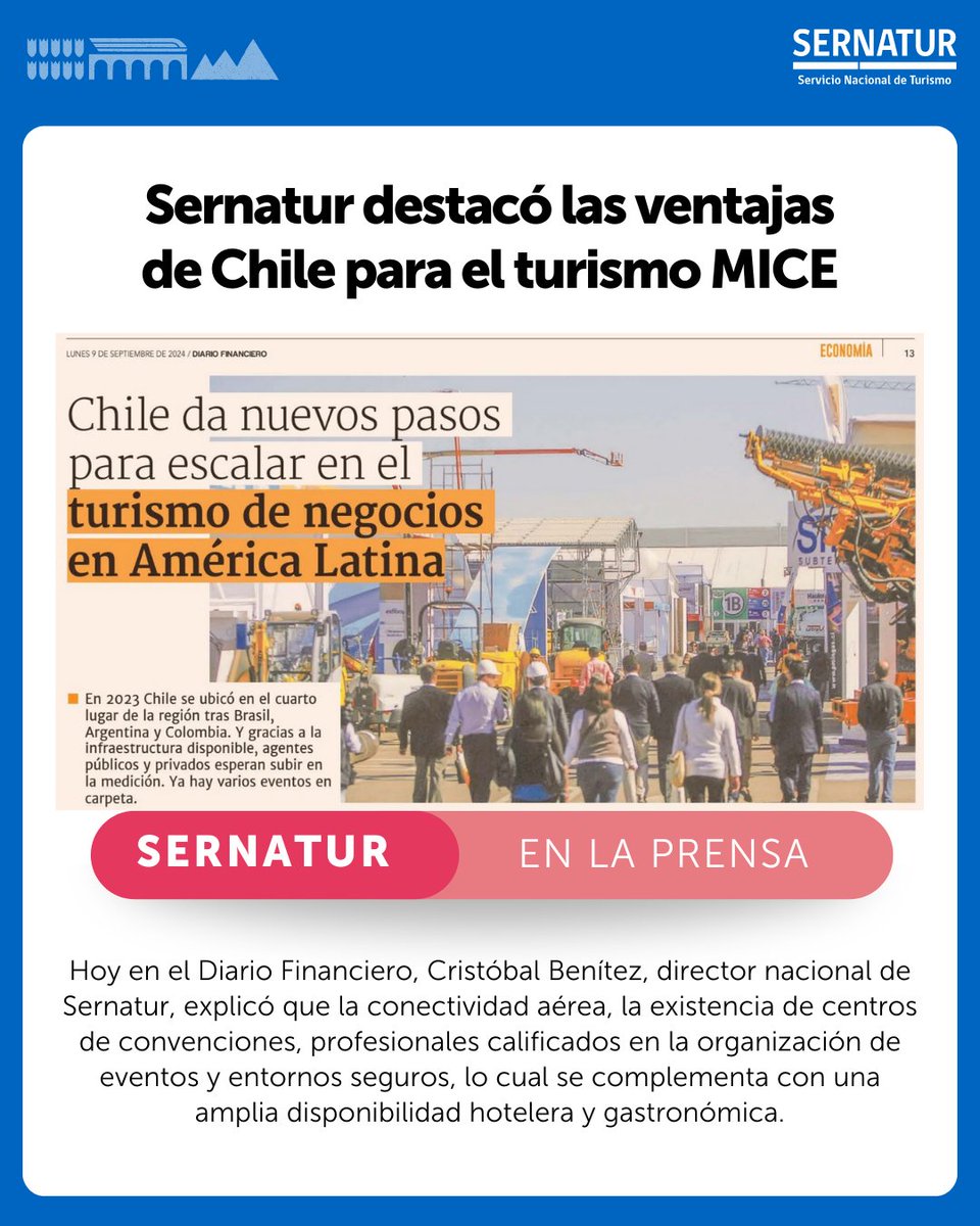 𝐂𝐡𝐢𝐥𝐞 𝐝𝐞𝐬𝐭𝐚𝐜𝐚 𝐞𝐧 𝐞𝐥 𝐭𝐮𝐫𝐢𝐬𝐦𝐨 𝐝𝐞 𝐫𝐞𝐮𝐧𝐢𝐨𝐧𝐞𝐬 𝐚 𝐧𝐢𝐯𝐞𝐥 𝐥𝐚𝐭𝐢𝐧𝐨𝐚𝐦𝐞𝐫𝐢𝐜𝐚𝐧𝐨
Hoy el <a href="/DFinanciero/">Diario Financiero</a> resalta las cualidades que tiene 🇨🇱 para posicionarse como un referente en la región 🌎
📰 Lee la nota completa en df.cl/economia-y-pol….