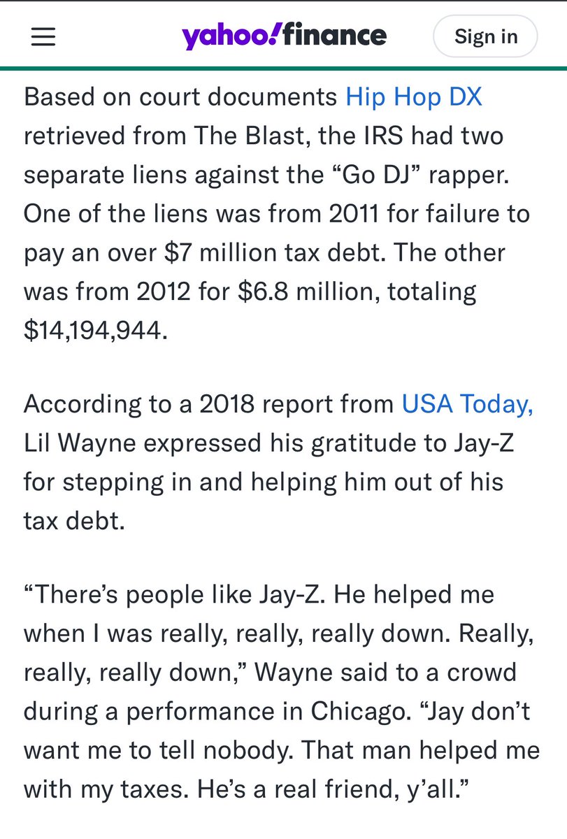 FolushoxFolarin's tweet image. LOL.

When Lil Wayne owed $14 million in taxes

Birdman didn’t pay it
Drake didn’t pay it
Nicki didn’t pay it

Guess who paid it?

The same Jay Z they now say is hating on Weezy.

The Superbowl is business, it’s nobody’s birthright.