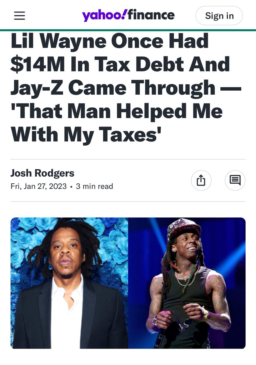 FolushoxFolarin's tweet image. LOL.

When Lil Wayne owed $14 million in taxes

Birdman didn’t pay it
Drake didn’t pay it
Nicki didn’t pay it

Guess who paid it?

The same Jay Z they now say is hating on Weezy.

The Superbowl is business, it’s nobody’s birthright.