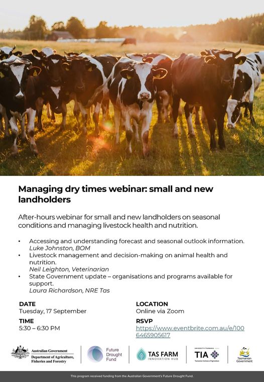 NRM SOUTH (@nrmsouth) on Twitter photo The Tas Farm Innovation Hub has an after-hours webinar for small and new landholders on seasonal  conditions and managing livestock health and nutrition coming up next  week <a href="/TasInAg/">TIA</a> . Register here eventbrite.com.au/e/managing-in-… The Tas Farm Innovation Hub has an after-hours webinar for small and new landholders on seasonal  conditions and managing livestock health and nutrition coming up next  week <a href="/TasInAg/">TIA</a> . Register here eventbrite.com.au/e/managing-in-…