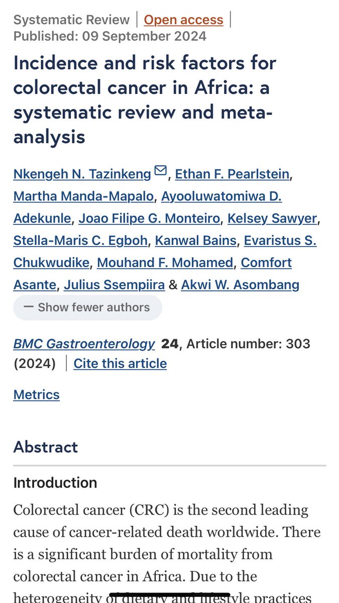 Nkengeh N. Tazinkeng (Davy), MD (@nkengehntd) on Twitter photo Pleased to share our recently published study on the Incidence and risk factors of colorectal cancer in Africa 🌍 thanks to my mentors and coauthors
<a href="/AkwiAsombangMD/">Akwi Asombang MD MPH</a> <a href="/ethanp226/">Ethan Pearlstein</a> <a href="/Debbie_upperr/">Deborah Adekunle MD MPH</a> <a href="/stellam62649054/">stellamaris chinma</a> <a href="/MouhandMD/">Mouhand Mohamed, MD, MSc</a> <a href="/Evaristus123/">Evaristus Chukwudike</a>
doi.org/10.1186/s12876…
#GItwitter Pleased to share our recently published study on the Incidence and risk factors of colorectal cancer in Africa 🌍 thanks to my mentors and coauthors
<a href="/AkwiAsombangMD/">Akwi Asombang MD MPH</a> <a href="/ethanp226/">Ethan Pearlstein</a> <a href="/Debbie_upperr/">Deborah Adekunle MD MPH</a> <a href="/stellam62649054/">stellamaris chinma</a> <a href="/MouhandMD/">Mouhand Mohamed, MD, MSc</a> <a href="/Evaristus123/">Evaristus Chukwudike</a>
doi.org/10.1186/s12876…
#GItwitter