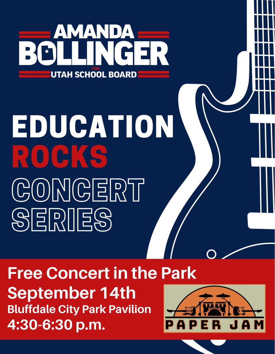 🎶 Join me this Saturday, Sept 14, 4:30-6:30 PM at Bluffdale City Pavilion for Education Rocks! Let’s talk education &amp; enjoy live music from Paper Jam! 🎤 Bring the family for a fun night! 🎓 #educationrocks #utpol