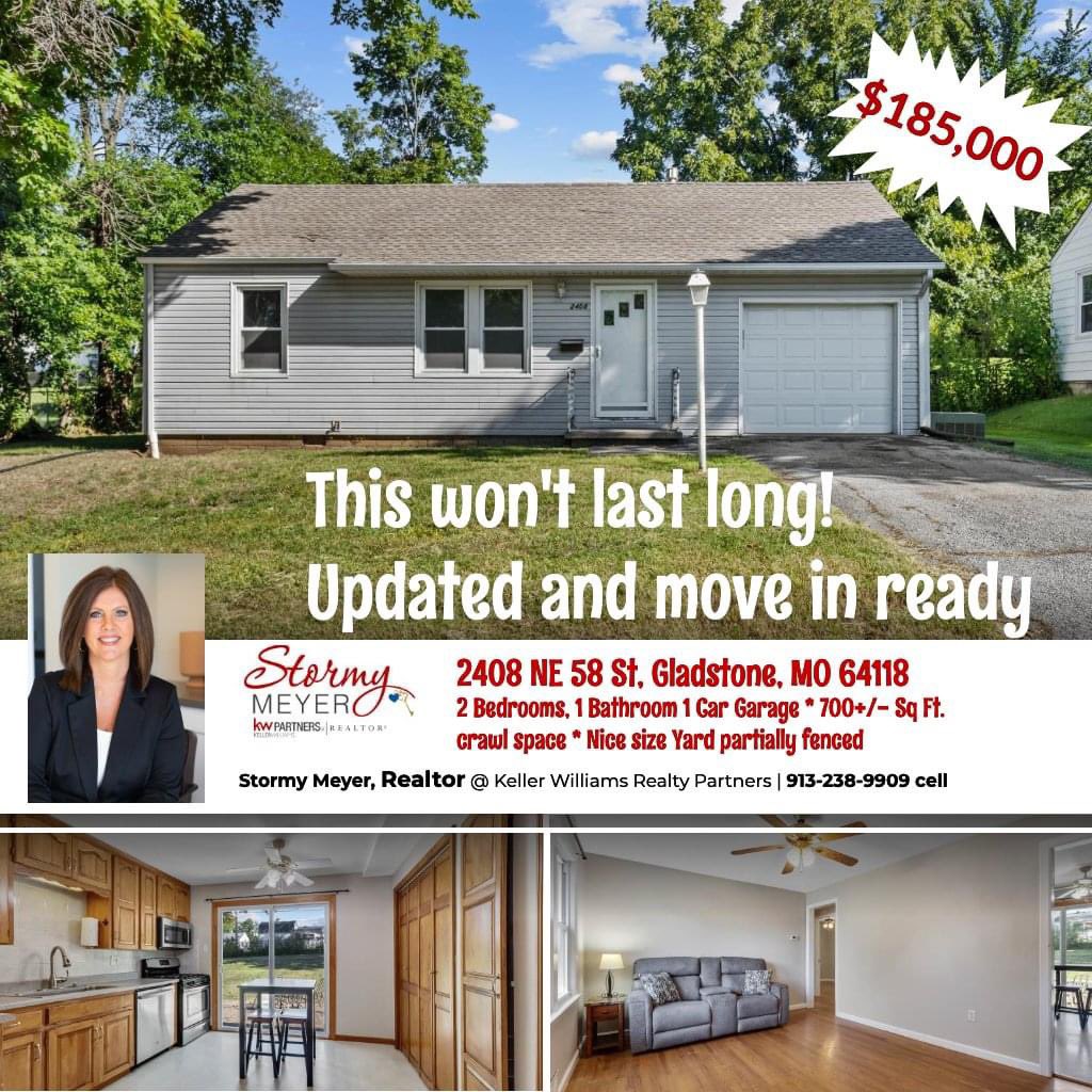 $185,000 
FOR SALE in North Kansas City, Mo(Clay County)One level living, good location near stores, restaurants, bars &amp; quick highway access  
2308 NE 58th St. Gladstone, MO 64118 #gladstonemo #forsale #kellerwilliamsrealty #stormymeyer
