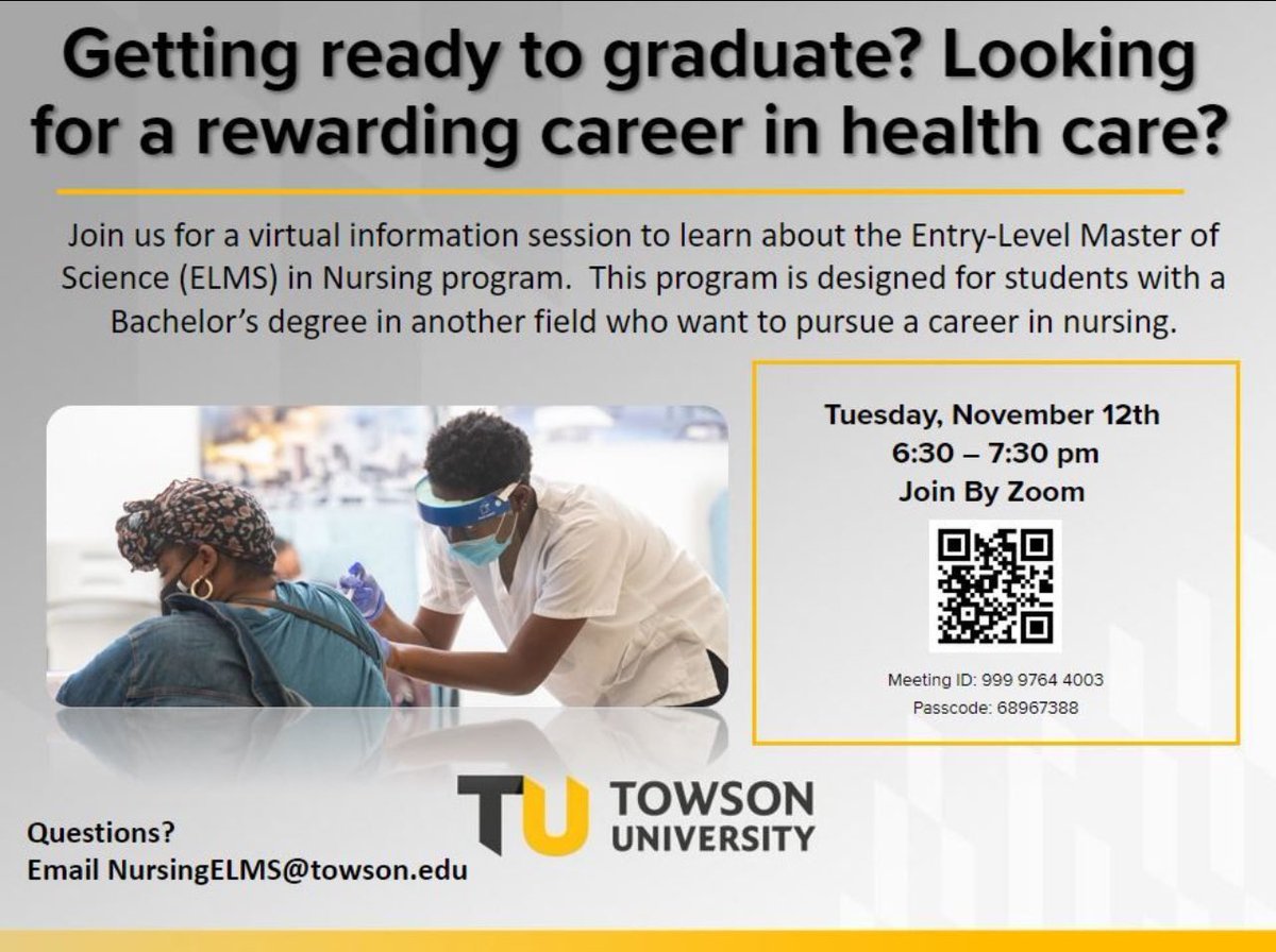 Towson University Department of Nursing (@towsondon) on Twitter photo Thinking about a career change? Come learn about the <a href="/TowsonU/">Towson University</a> Entry-Level Master of Science (ELMS) in #Nursing program! 
towson.edu/chp/department… Thinking about a career change? Come learn about the <a href="/TowsonU/">Towson University</a> Entry-Level Master of Science (ELMS) in #Nursing program! 
towson.edu/chp/department…