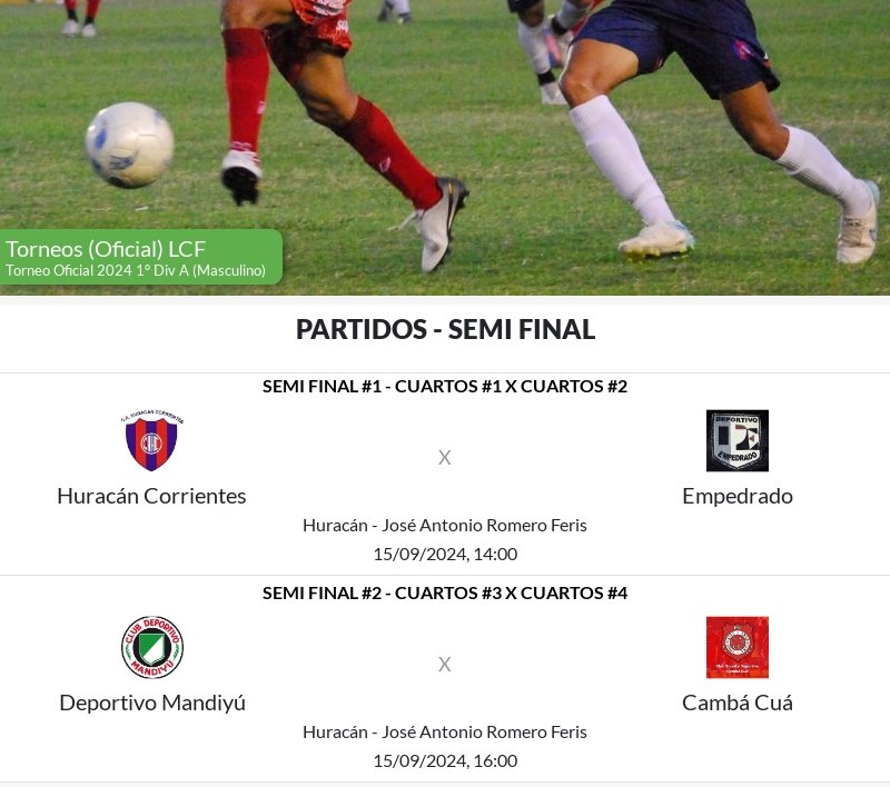 El domingo 15 #Semifinales #LCF 
<a href="/HuracanCtes/">Huracan Corrientes</a> vs @DeportivoEmpedrado 
<a href="/mandiyu1952/">Club Deportivo Mandiyú</a> vs <a href="/ClubCambaCua/">Club Camba Cua</a>