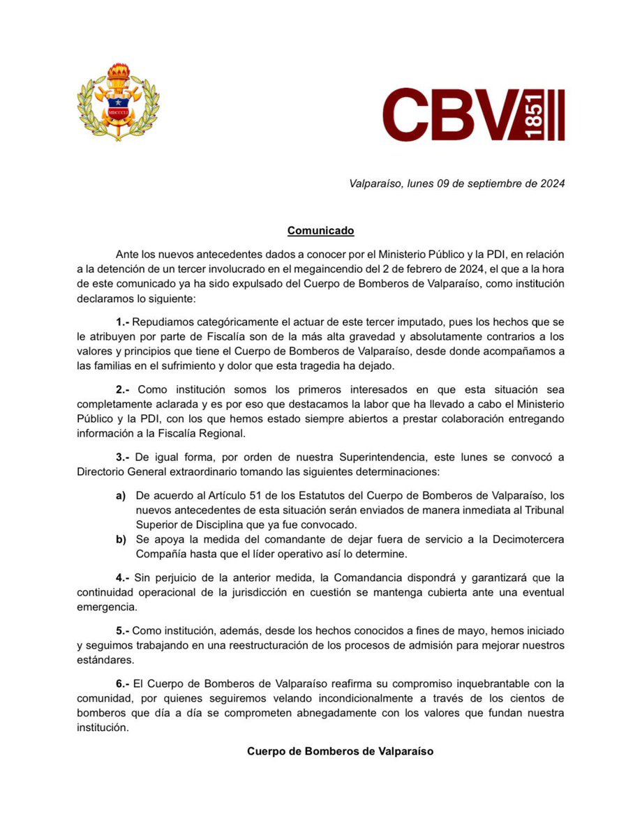 #PLACILLA: El Cuerpo de bombero de Valparaíso deja fuera de servicio a la 13 de Placilla, hasta nuevo aviso por el tema del nuevo involucrado en el mega incendio de febrero